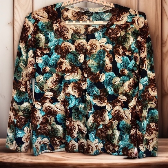Talbots Pure Merino Wool Cardigan Sz 2XP Brown Blue Rose Button Romantic Floral - Picture 1 of 15